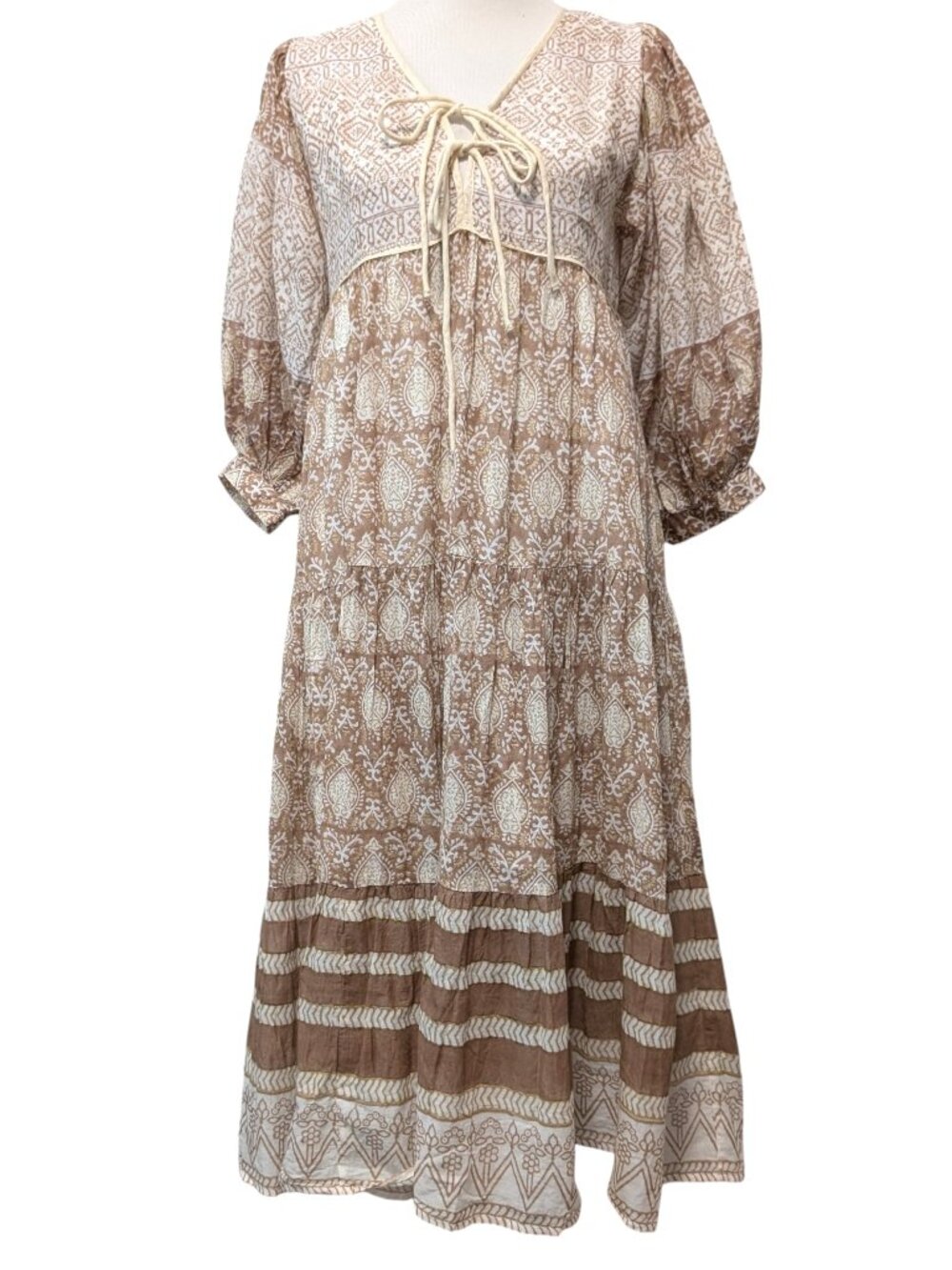 Daughters Of India NWT Womens Size XS Jasmine Cream Brown Tie Cotton Midi Dress